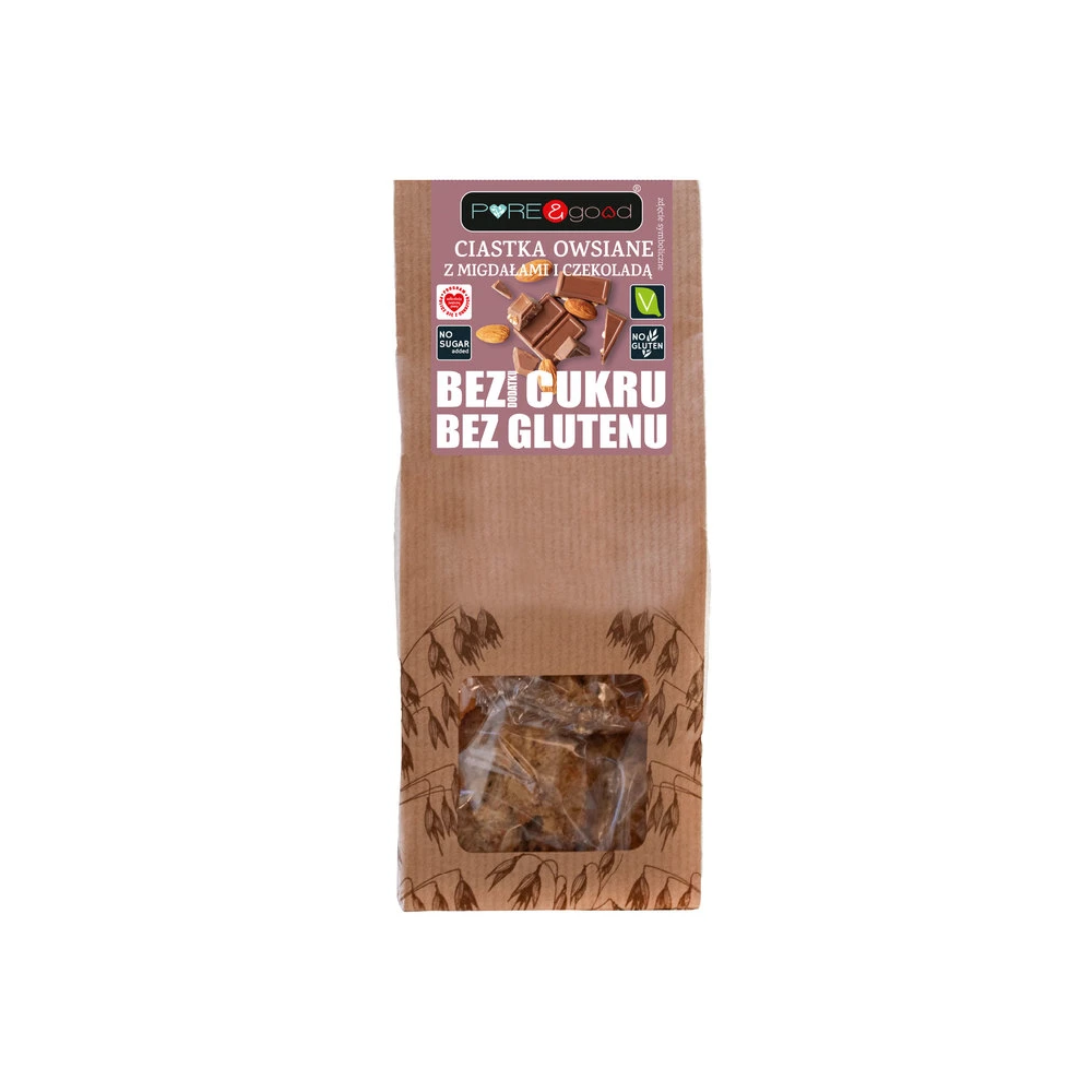 CIASTKA OWSIANE Z MIGDAŁAMI I CZEKOLADĄ BEZ GLUTENU - BEZ DODATKU CUKRU 150 G. - PURE & GOOD