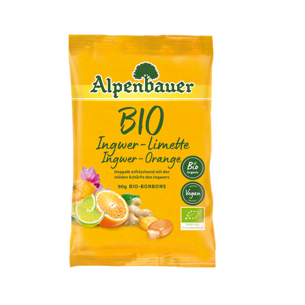 CUKIERKI Z NADZIENIEM O SMAKU IMBIROWO - LIMONKOWYM I IMBIROWO - POMARAŃCZOWYM BIO 90 g - ALPENBAUER